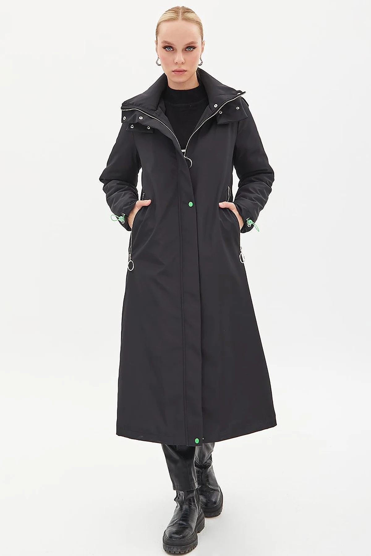 Hooded Stand Collar Coat Black