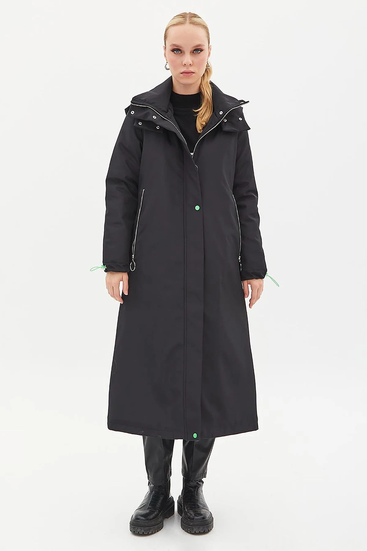 Hooded Stand Collar Coat Black