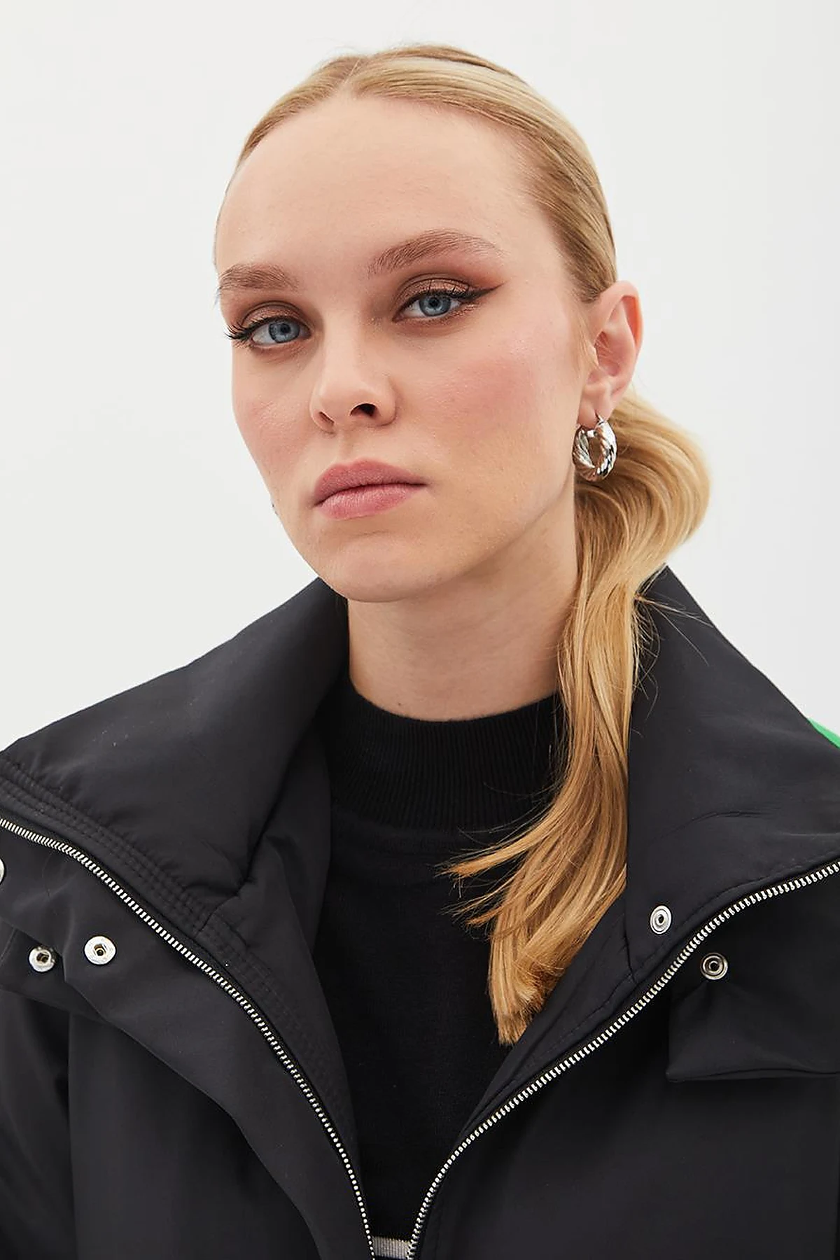 Hooded Stand Collar Coat Black