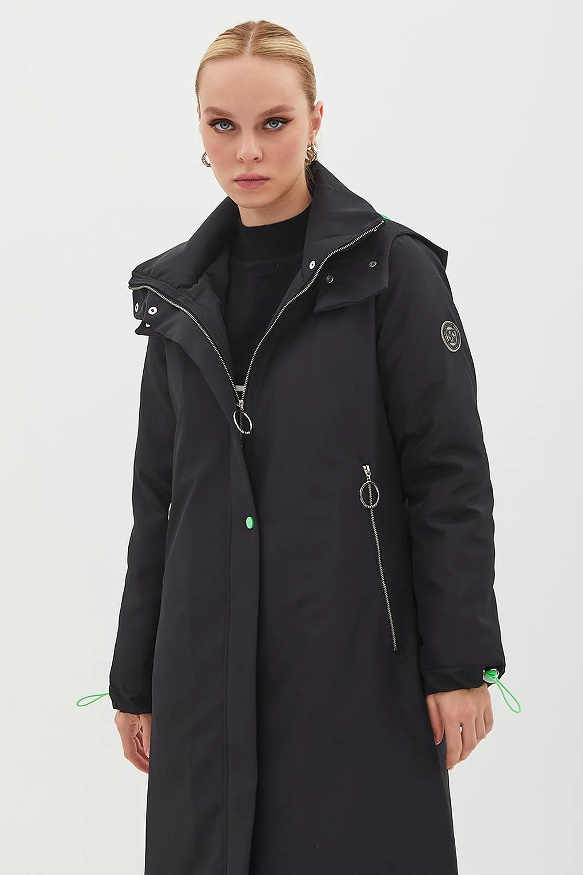 Hooded Stand Collar Coat Black