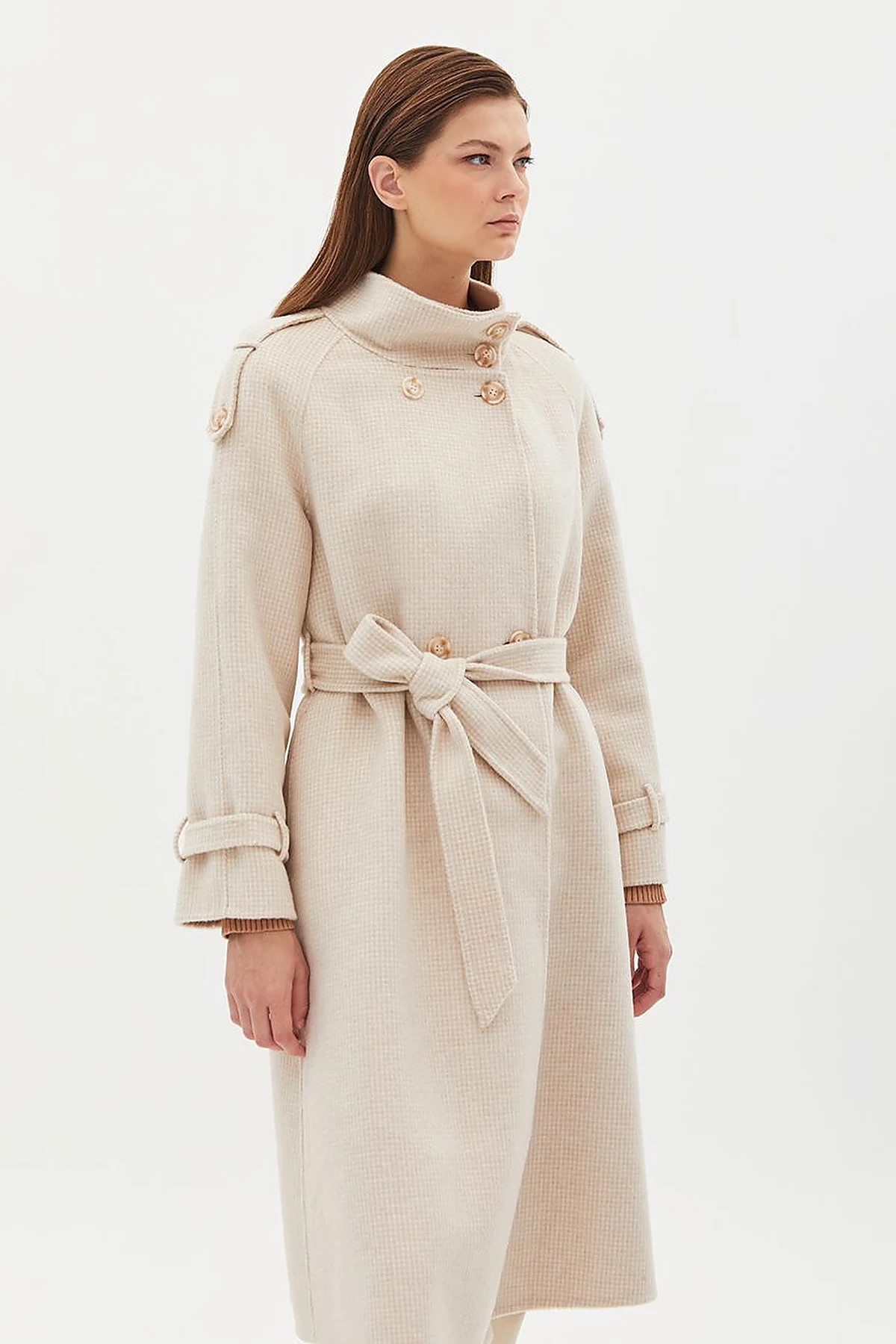 Premium High Collar Double Breasted Belted Stash Coat Cream