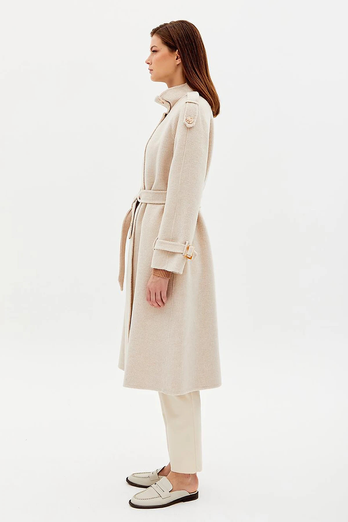 Premium High Collar Double Breasted Belted Stash Coat Cream