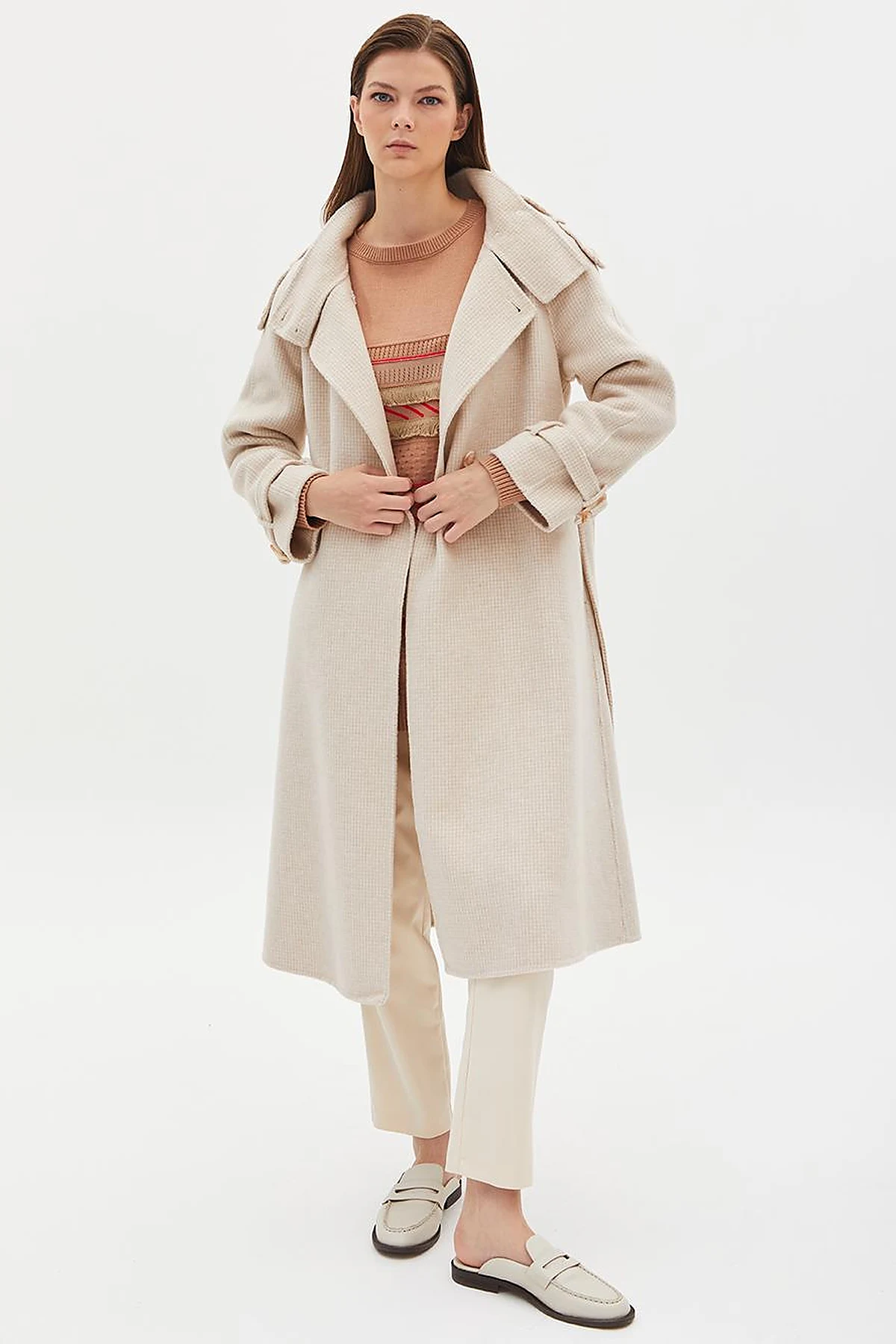 Premium High Collar Double Breasted Belted Stash Coat Cream