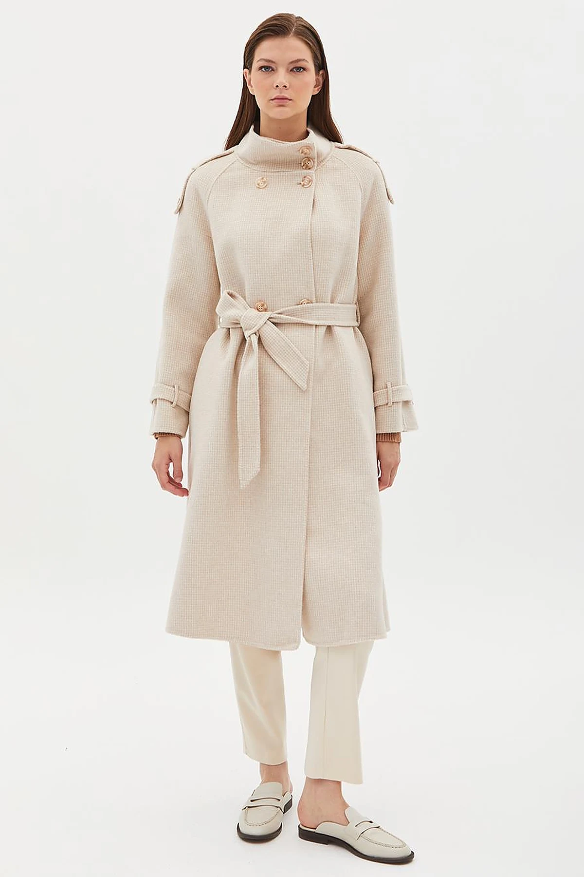 Premium High Collar Double Breasted Belted Stash Coat Cream