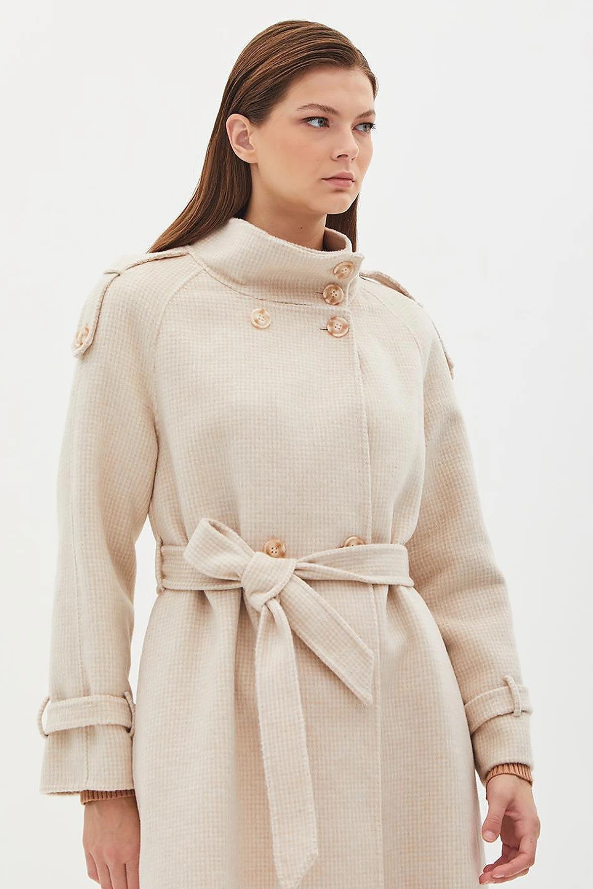 Premium High Collar Double Breasted Belted Stash Coat Cream
