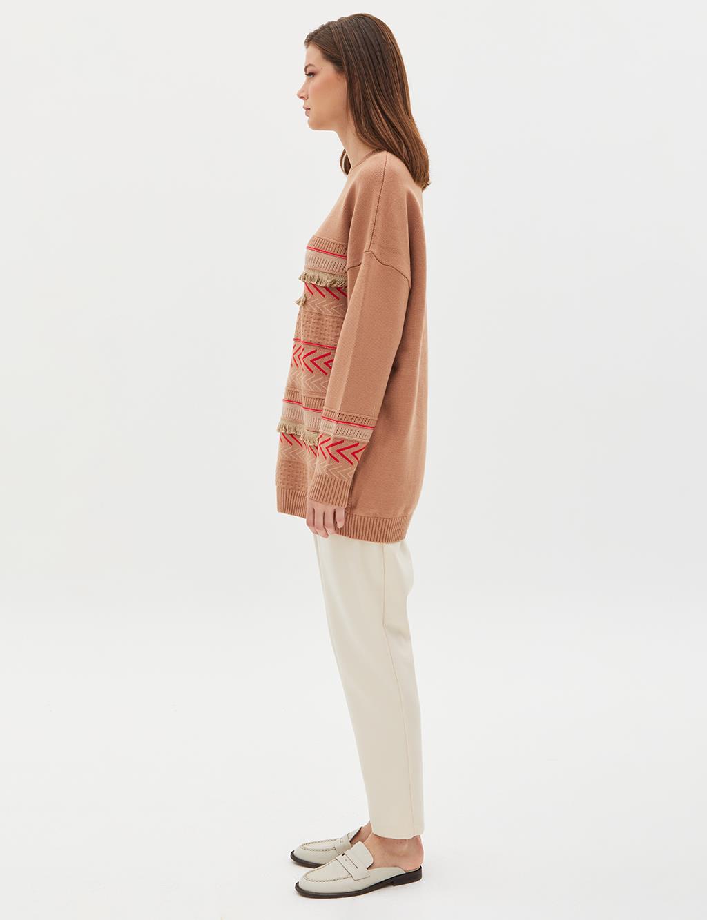 Exclusive Mixed Patterned Fringed Knitwear Tunic Camel