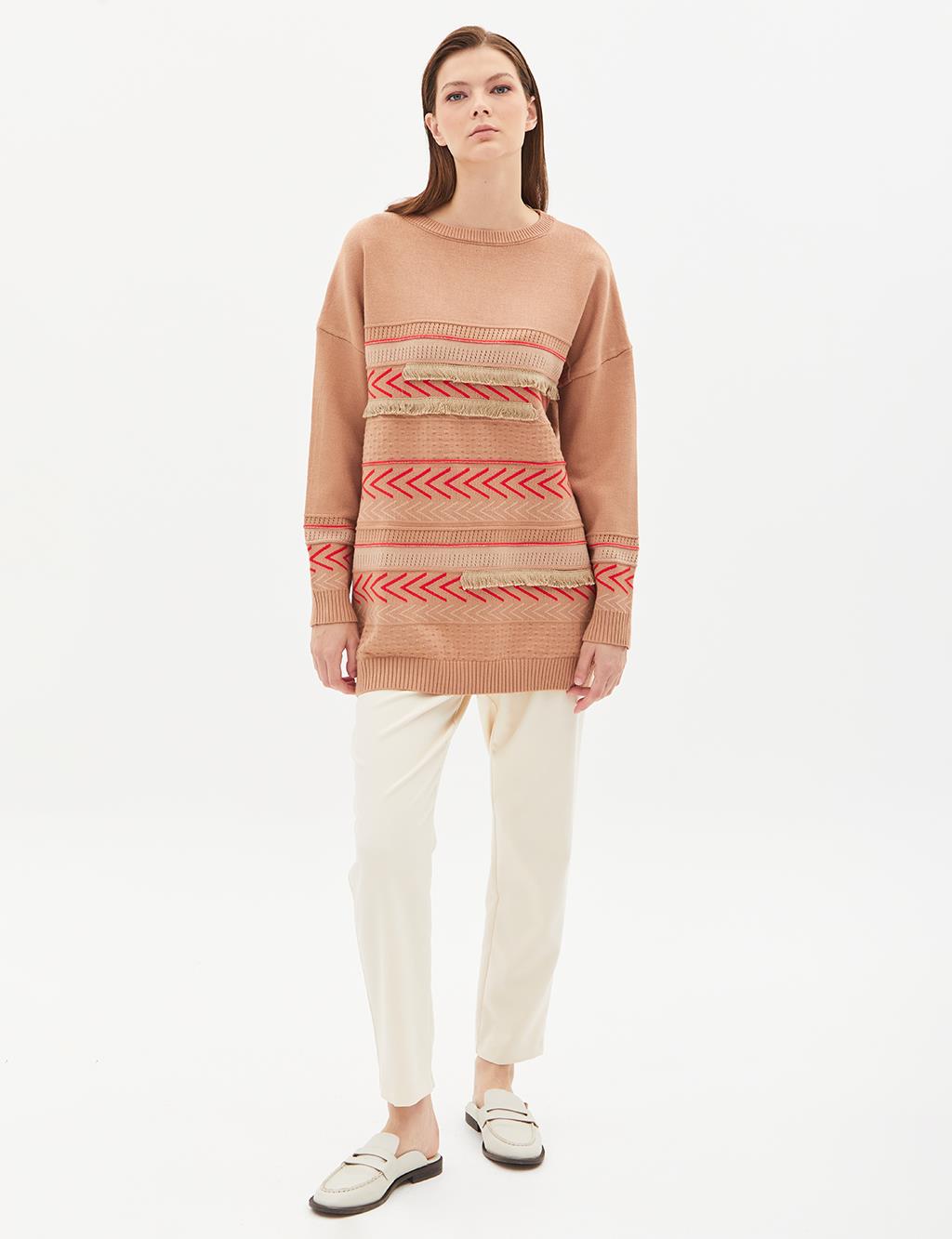 Exclusive Mixed Patterned Fringed Knitwear Tunic Camel