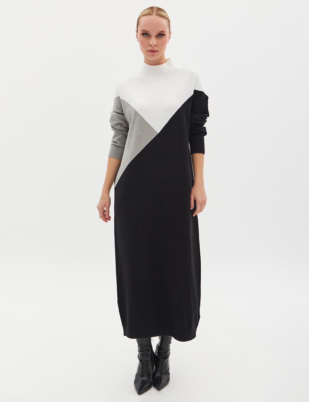 Exclusive Turtleneck Colorful Knitwear Dress Black