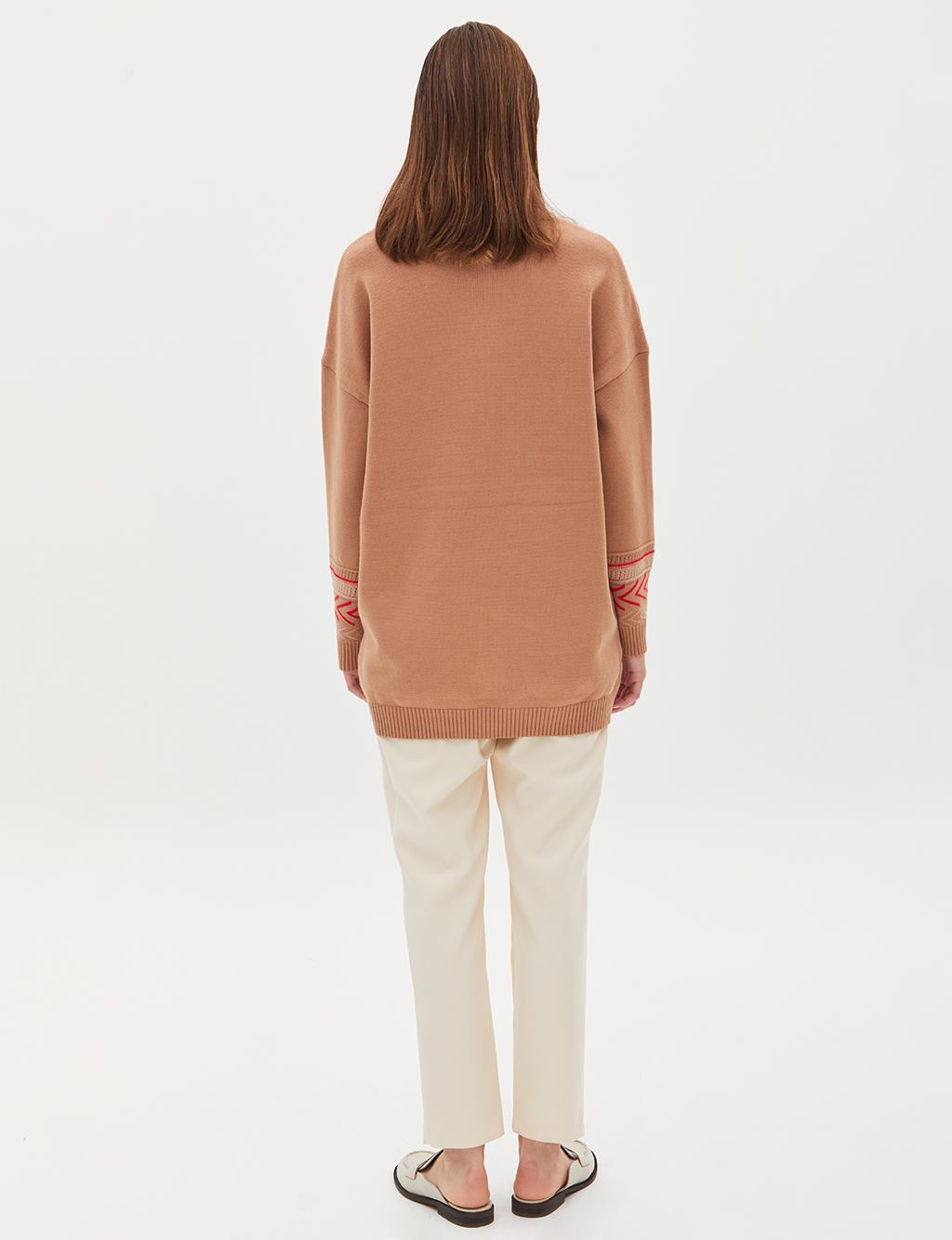 Exclusive Mixed Patterned Fringed Knitwear Tunic Camel