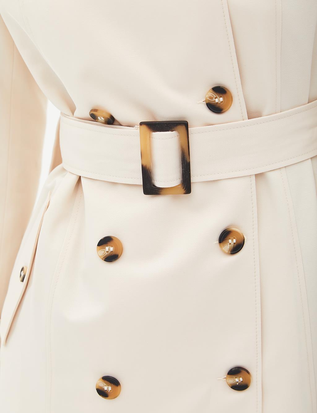 Double Breasted Buttoned Belt Detailed Cap Light Cream