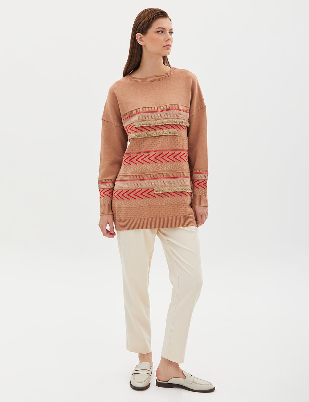 Exclusive Mixed Patterned Fringed Knitwear Tunic Camel