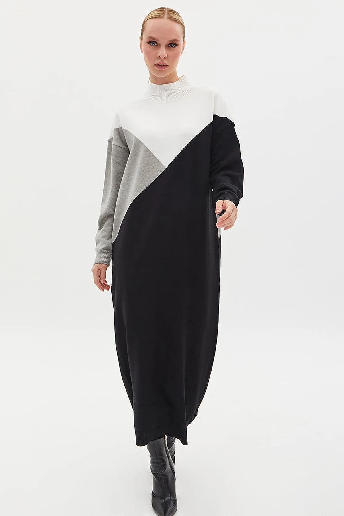 Exclusive Turtleneck Colorful Knitwear Dress Black
