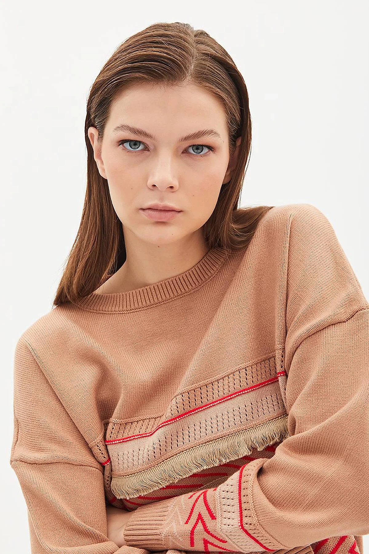 Exclusive Mixed Patterned Fringed Knitwear Tunic Camel