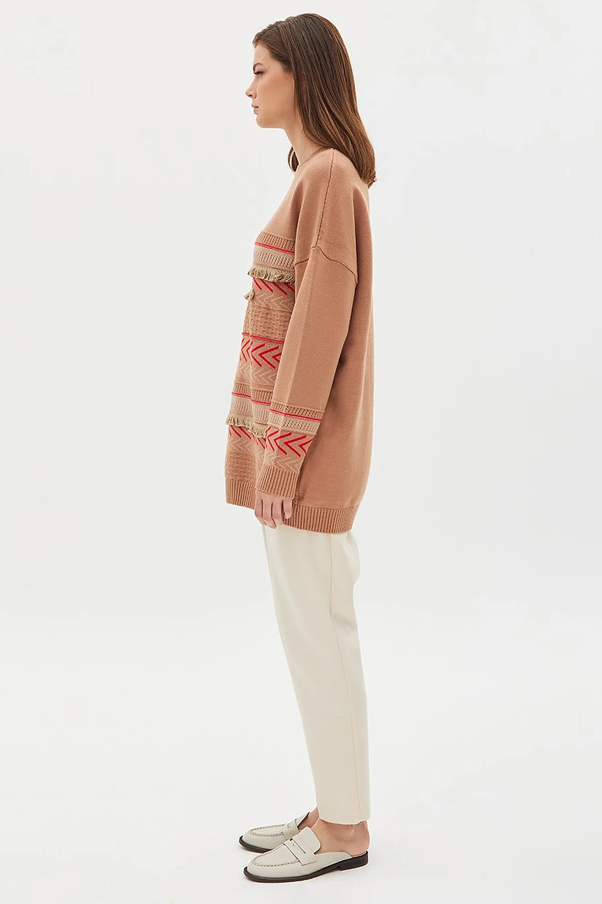 Exclusive Mixed Patterned Fringed Knitwear Tunic Camel