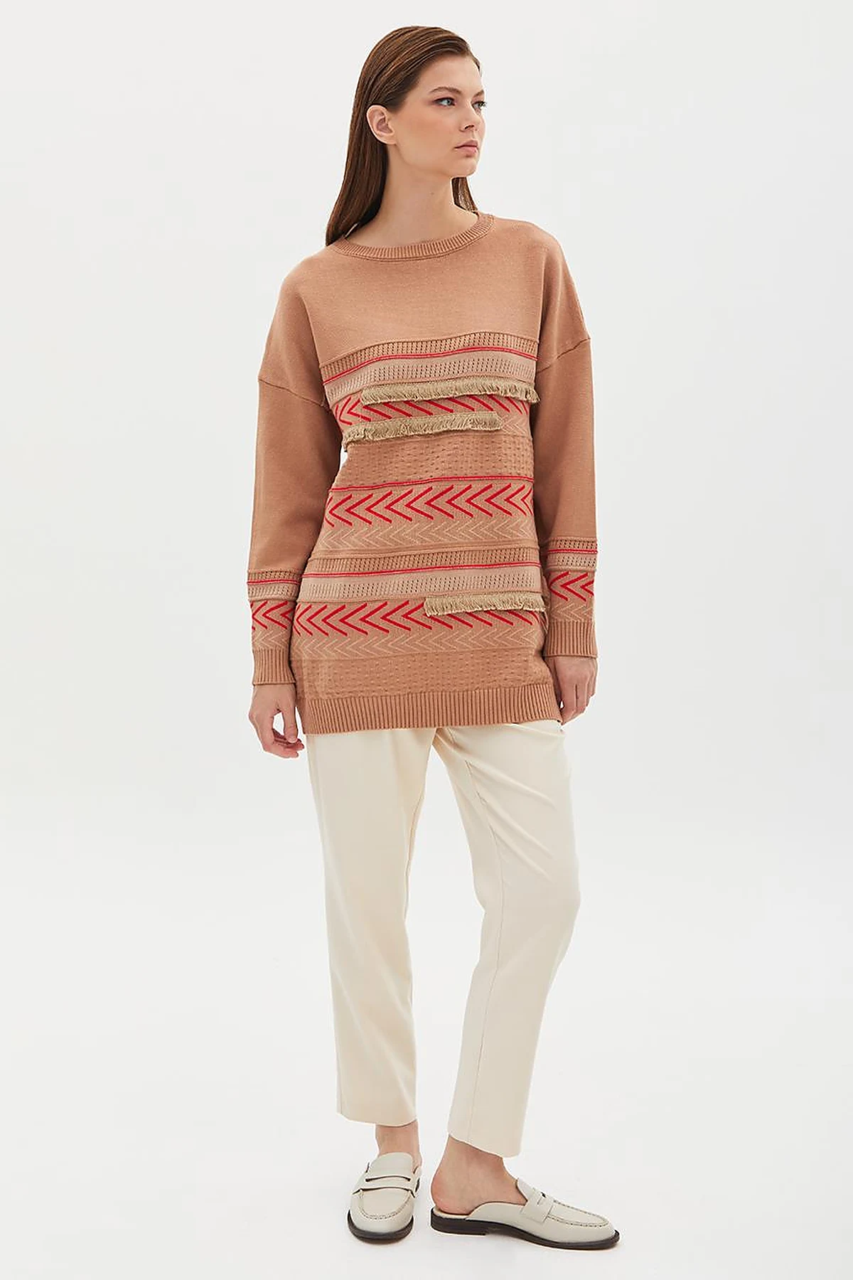 Exclusive Mixed Patterned Fringed Knitwear Tunic Camel