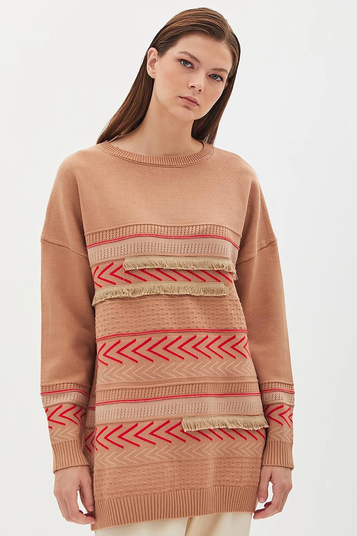 Exclusive Mixed Patterned Fringed Knitwear Tunic Camel