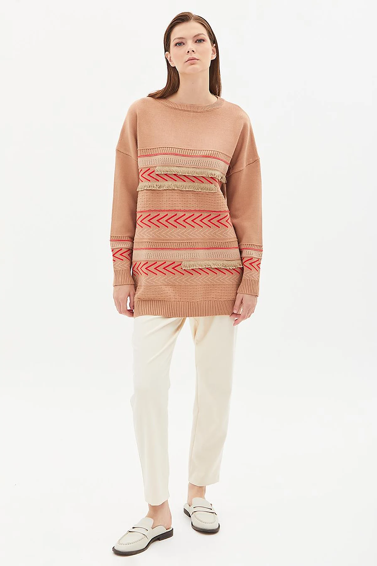 Exclusive Mixed Patterned Fringed Knitwear Tunic Camel