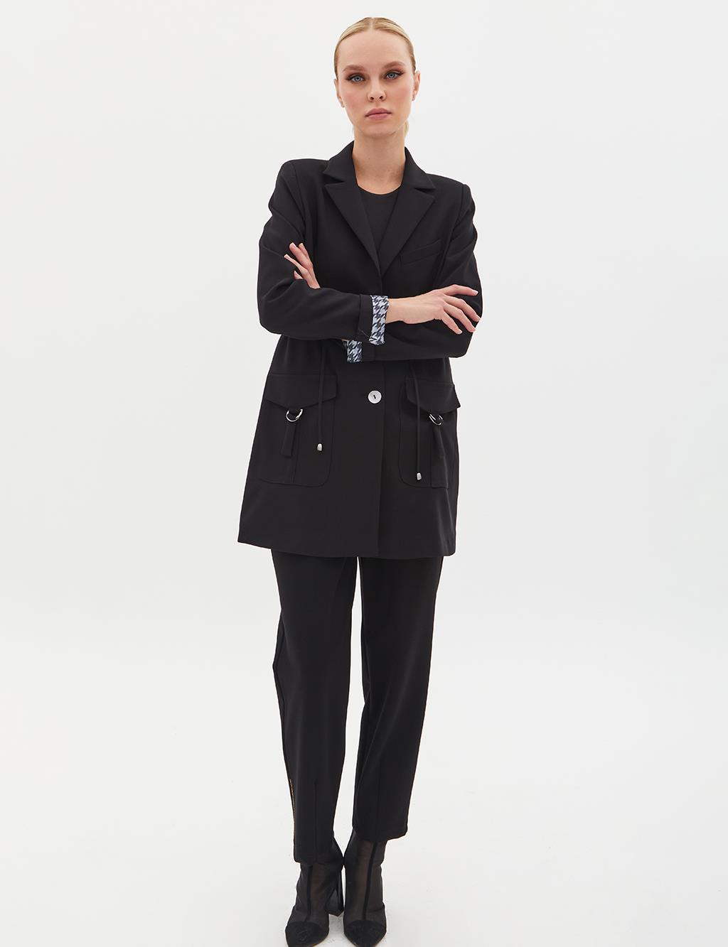 Buttoned Waist Gathered Jacket Black