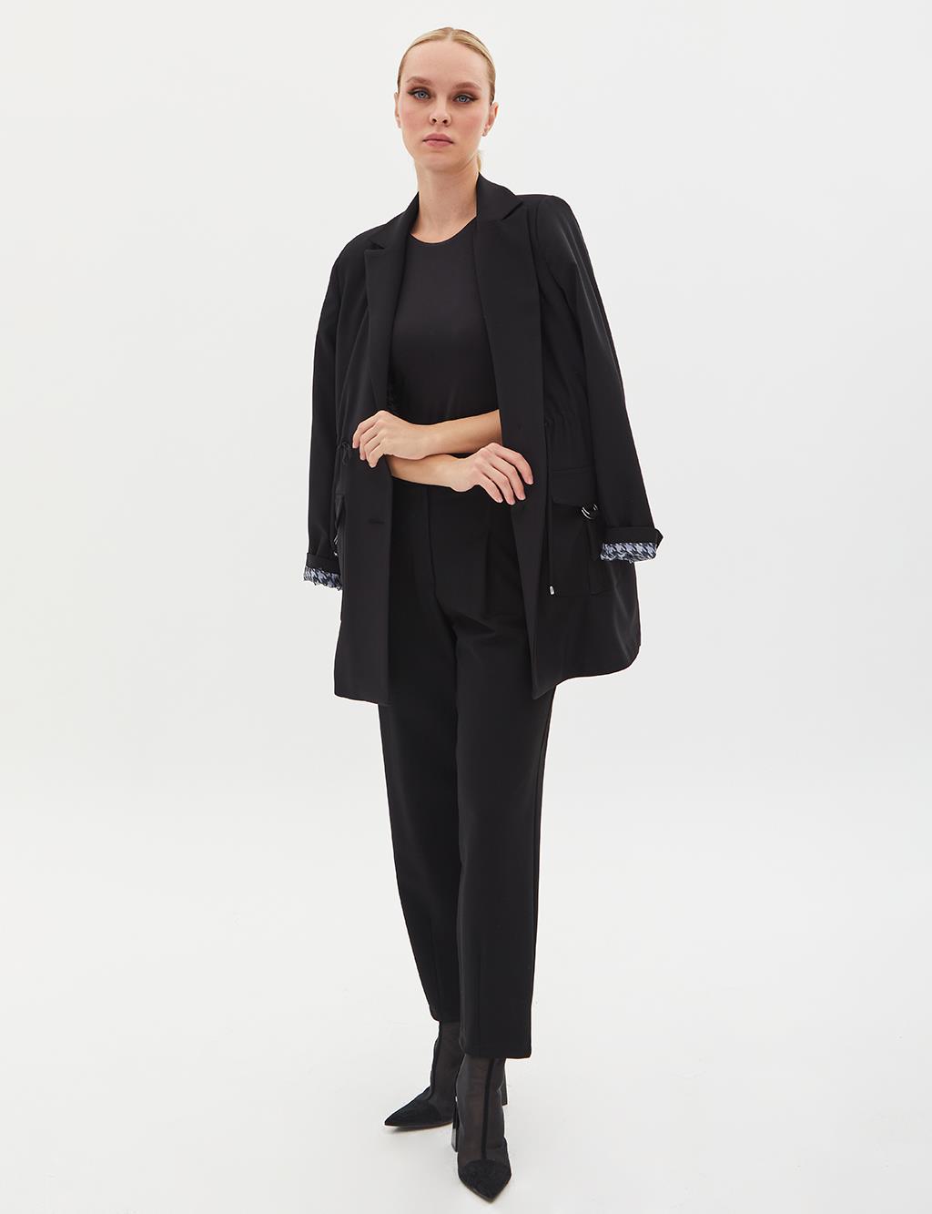 Buttoned Waist Gathered Jacket Black