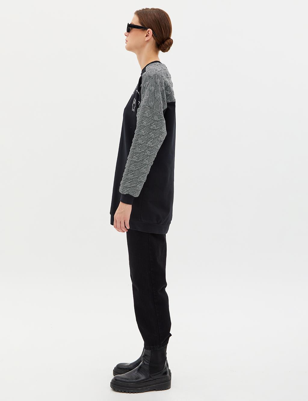 Textured Garnished Stone Detailed Sweatshirt Black
