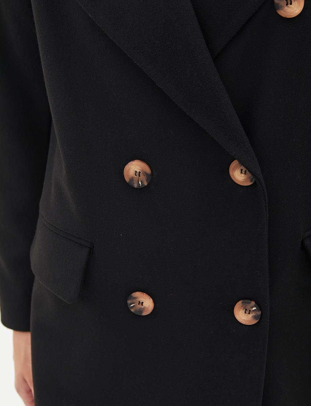 Buttoned Pocket Flap Cashmere Coat Black