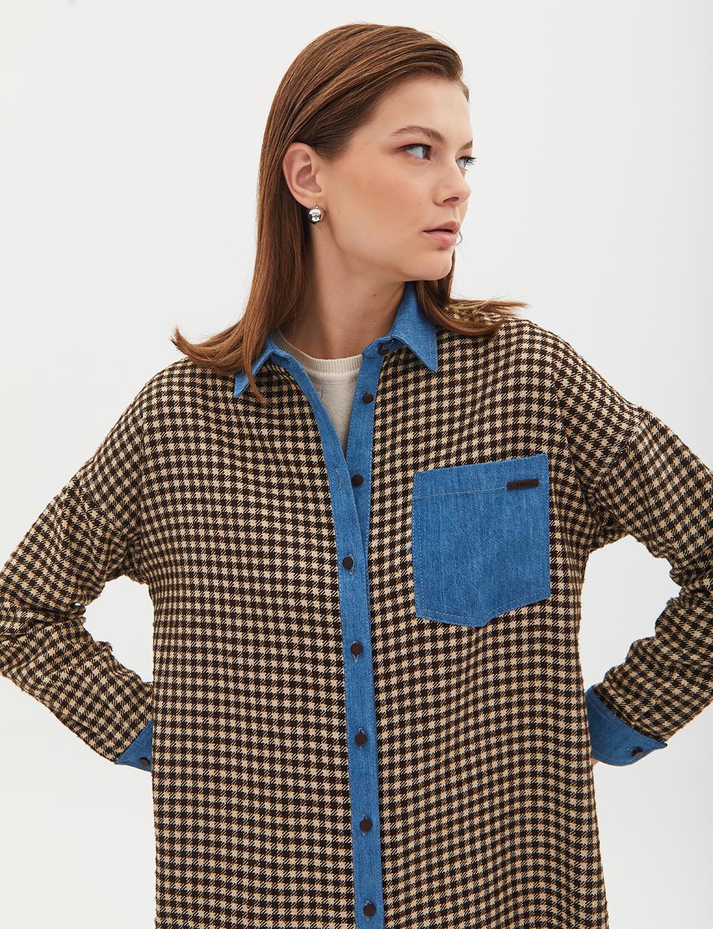 Checked Denim Garnished Tunic Dark Brown Cream