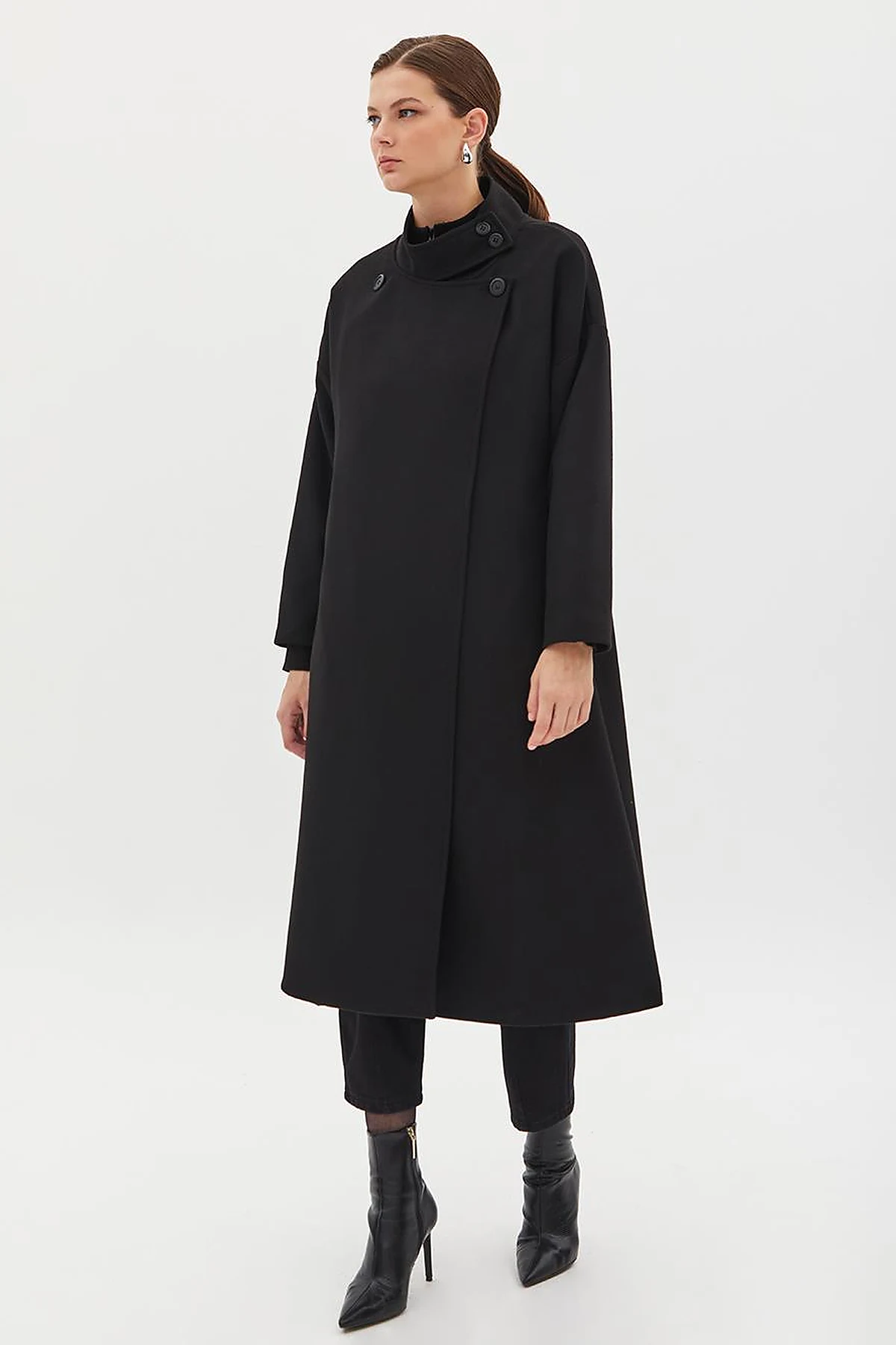 High Collar Buttoned Asymmetrical Coat Black