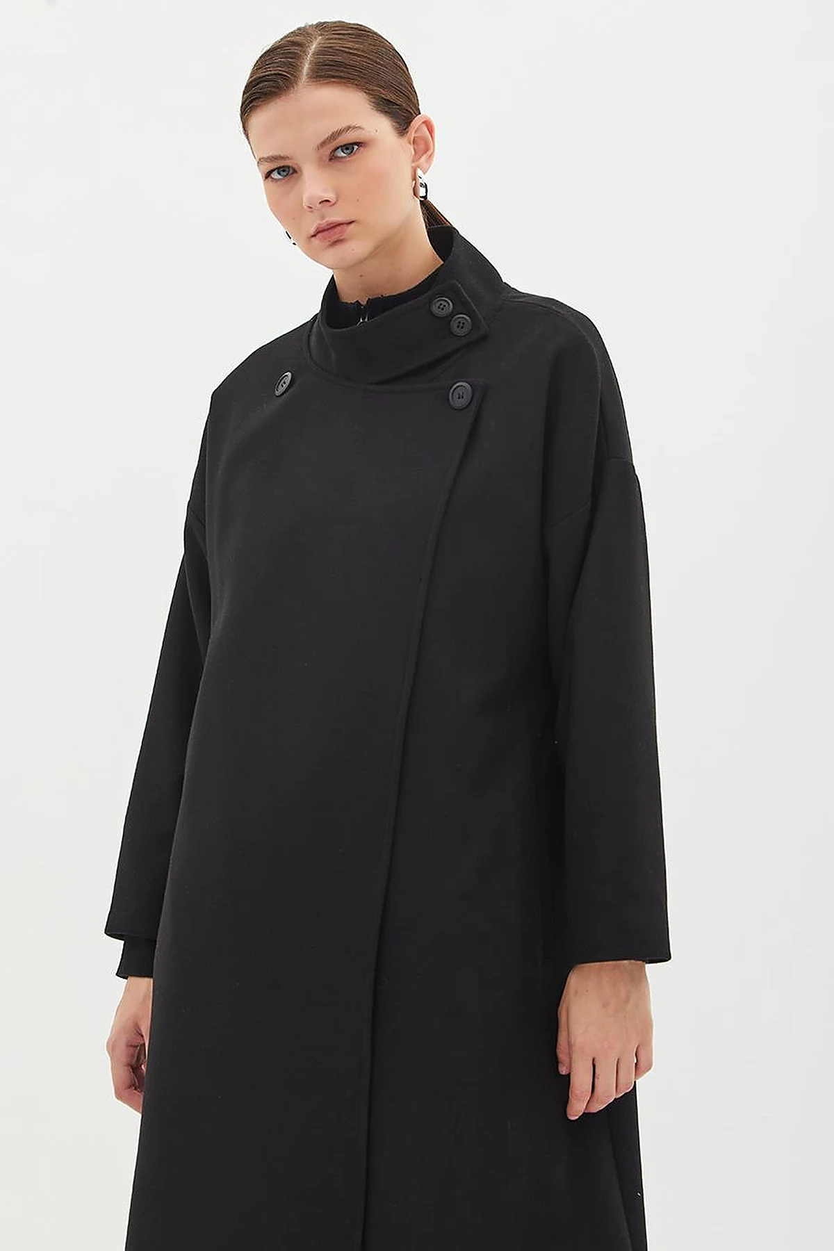 High Collar Buttoned Asymmetrical Coat Black