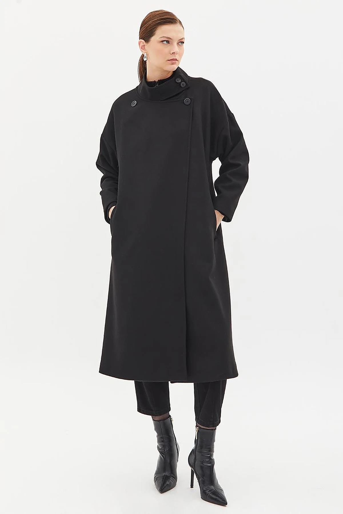 High Collar Buttoned Asymmetrical Coat Black