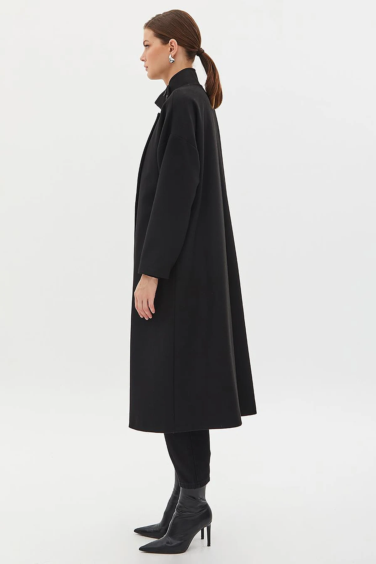 High Collar Buttoned Asymmetrical Coat Black