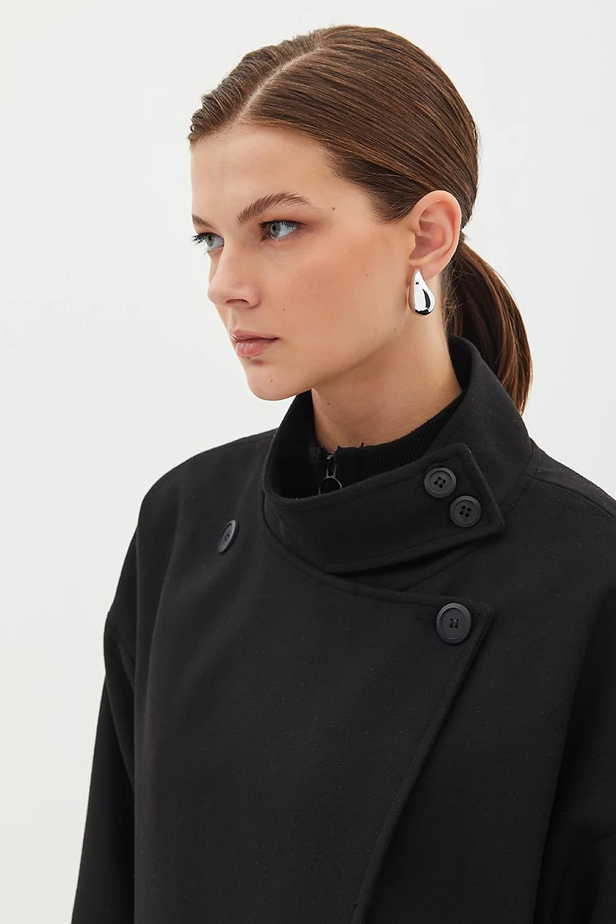 High Collar Buttoned Asymmetrical Coat Black