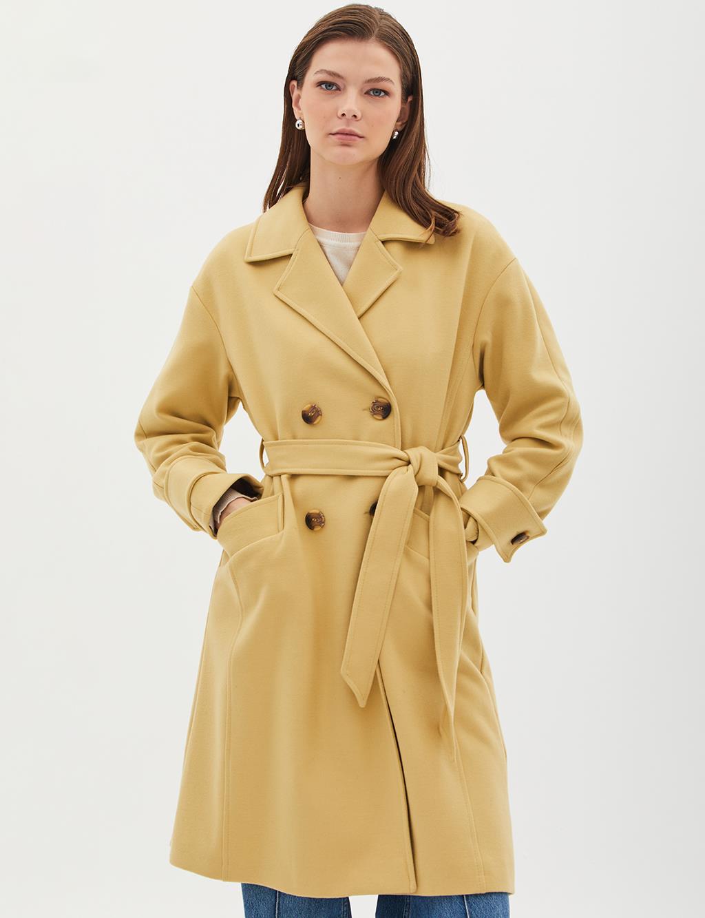 Low Shoulder Belted Cashew Coat Yellow