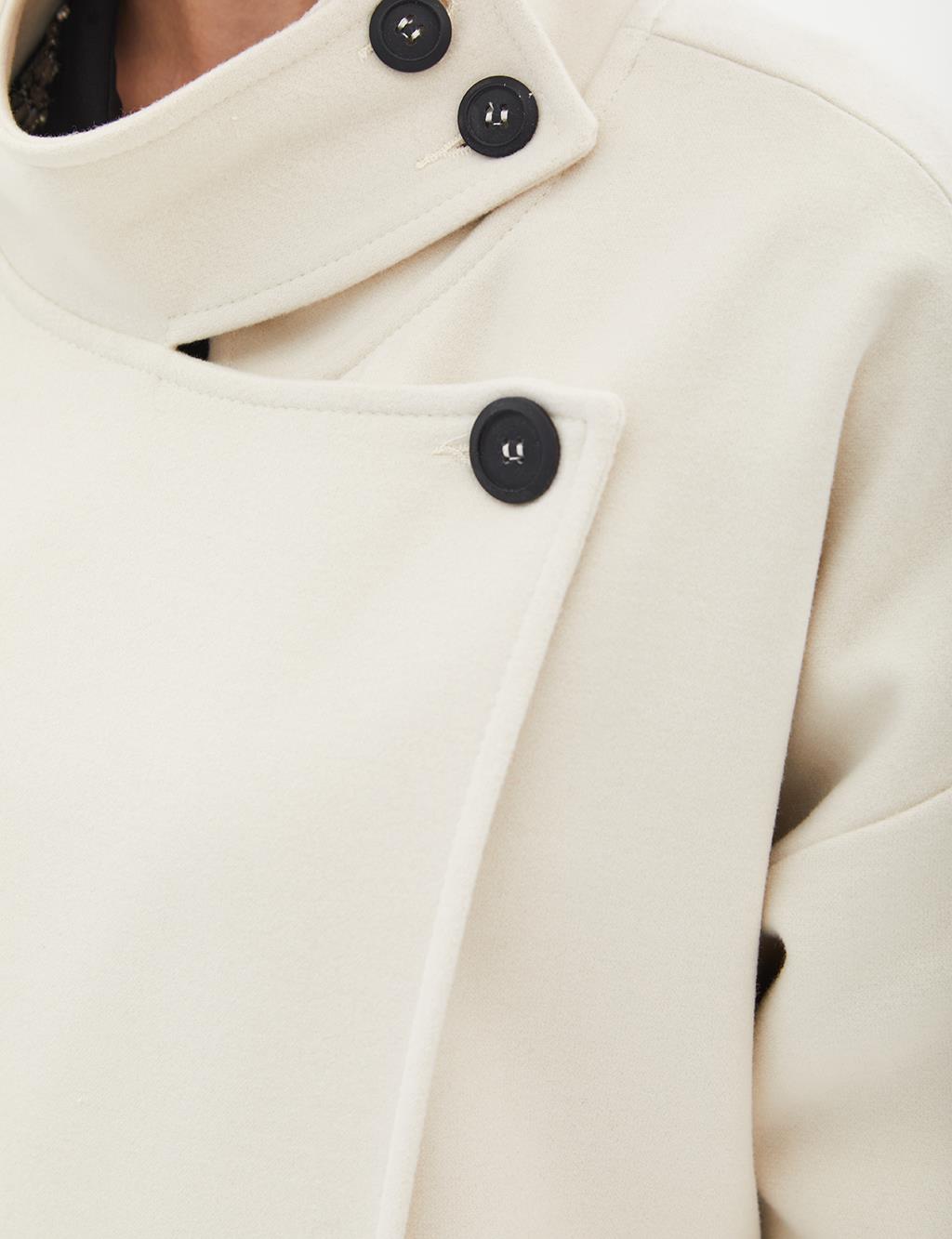 High Collar Buttoned Asymmetrical Coat Cream