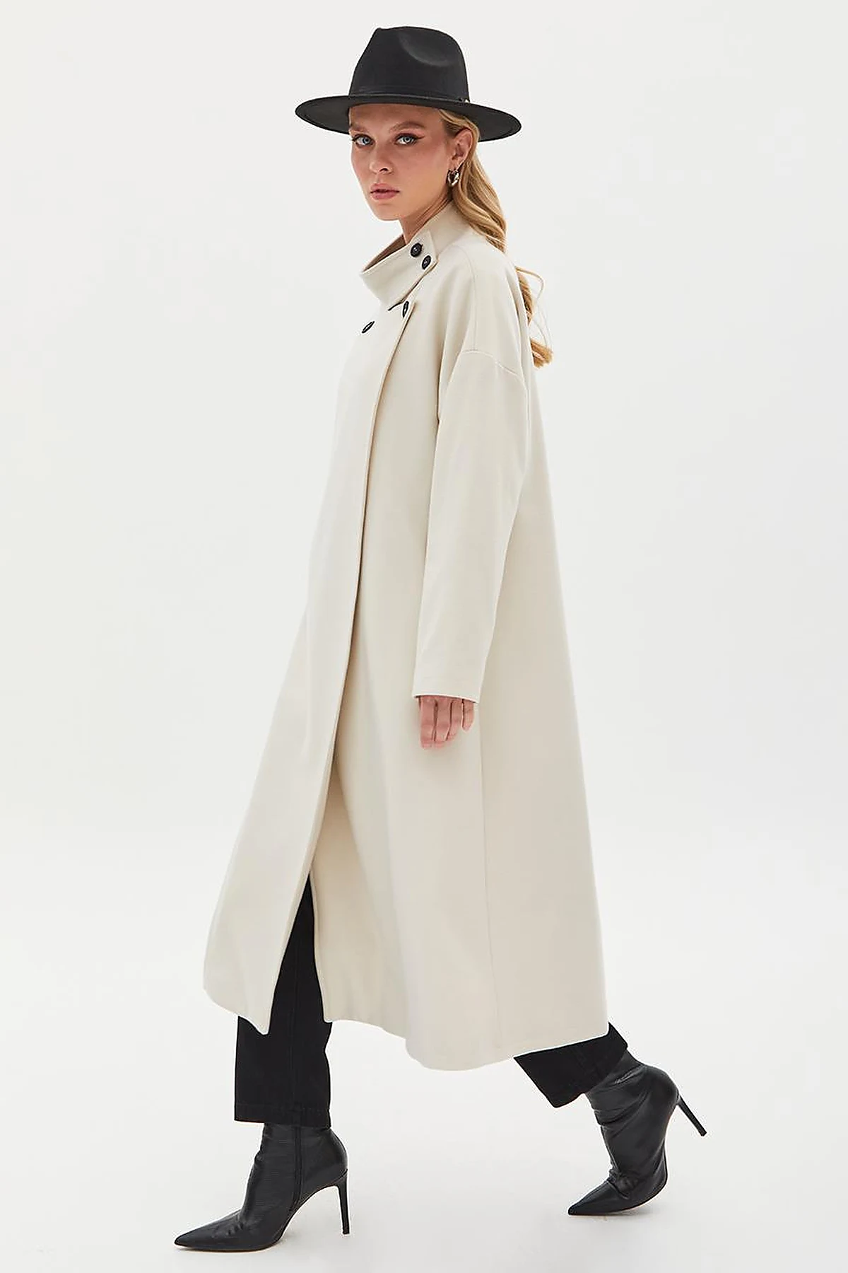 High Collar Buttoned Asymmetrical Coat Cream