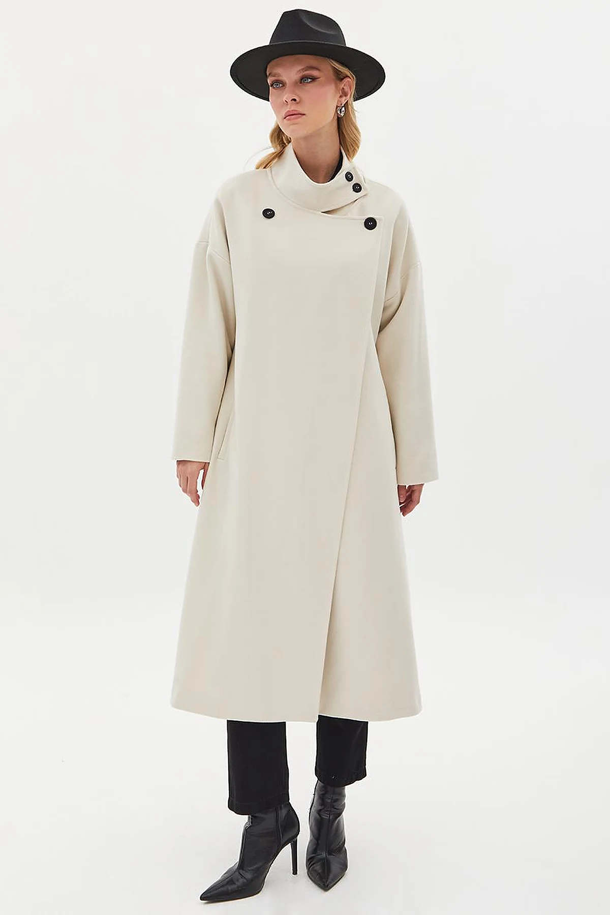High Collar Buttoned Asymmetrical Coat Cream