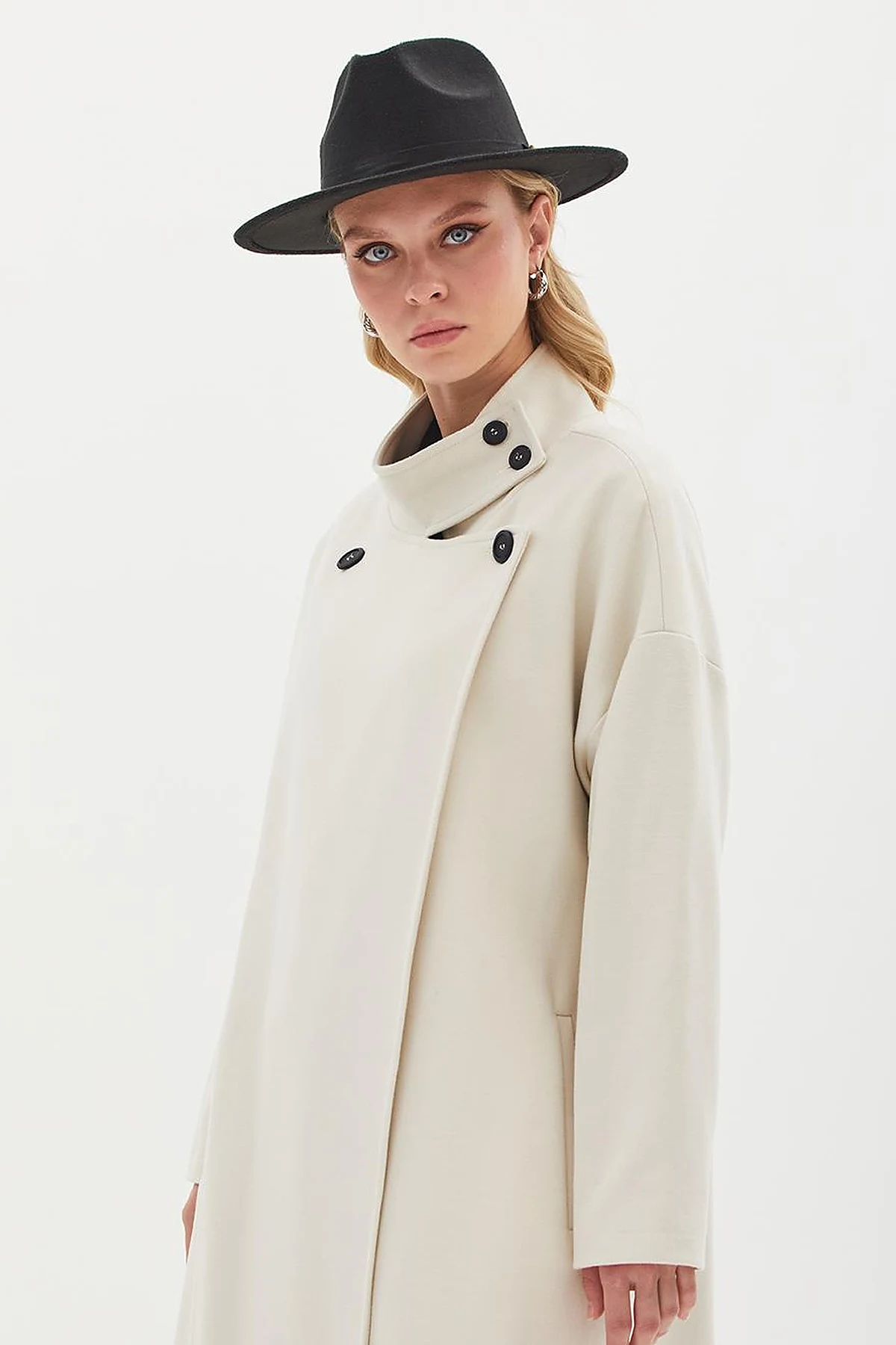 High Collar Buttoned Asymmetrical Coat Cream