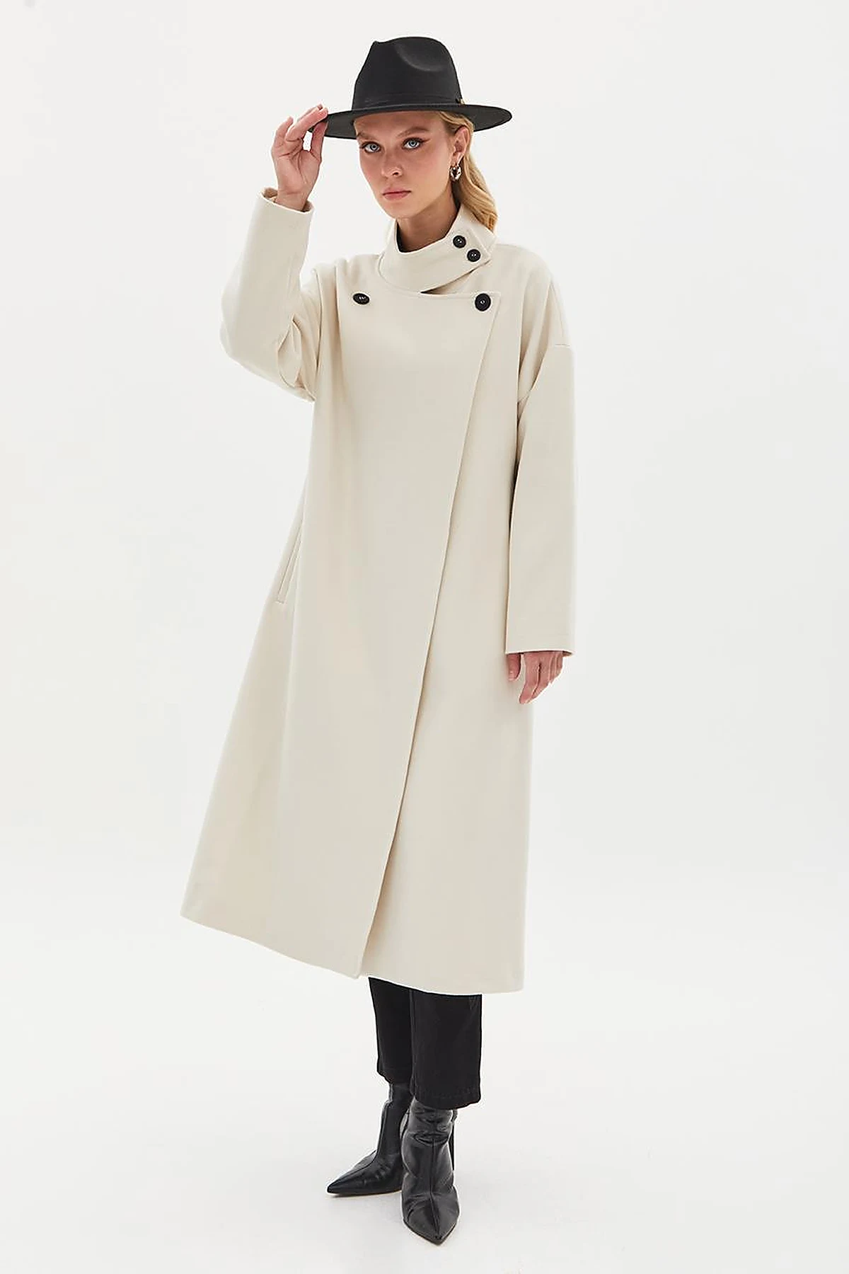 High Collar Buttoned Asymmetrical Coat Cream