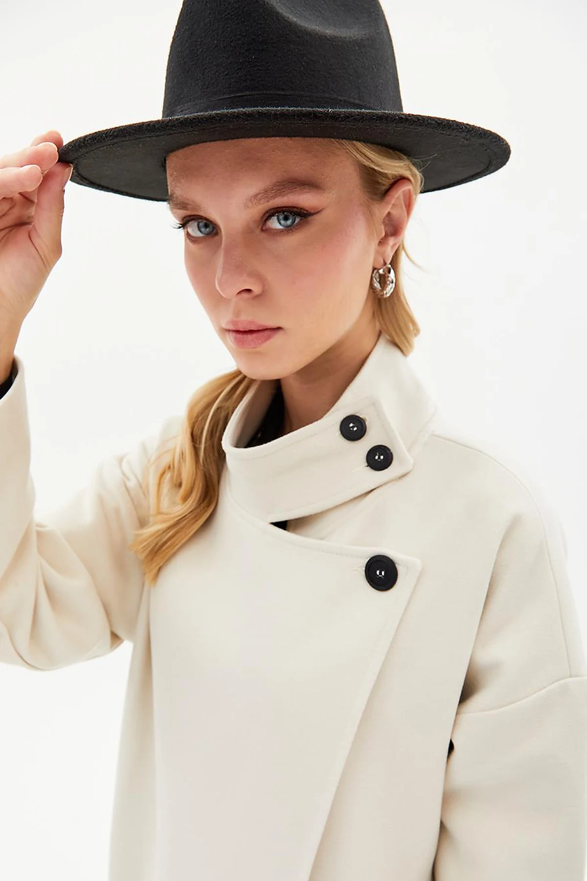 High Collar Buttoned Asymmetrical Coat Cream