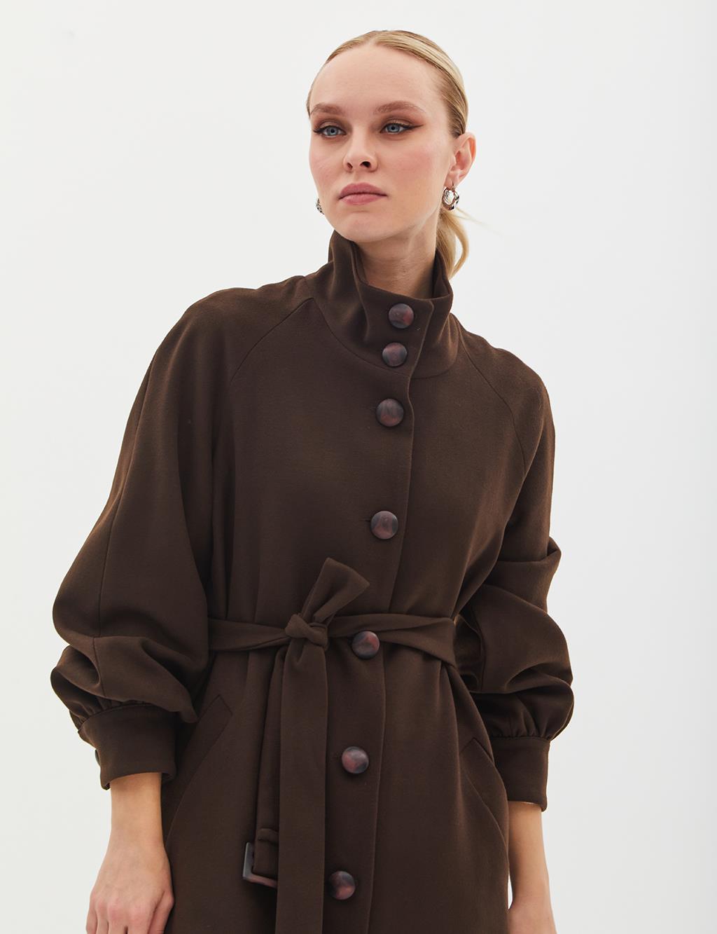 Large Buttoned Stand-Up Collar Coat Dark Brown