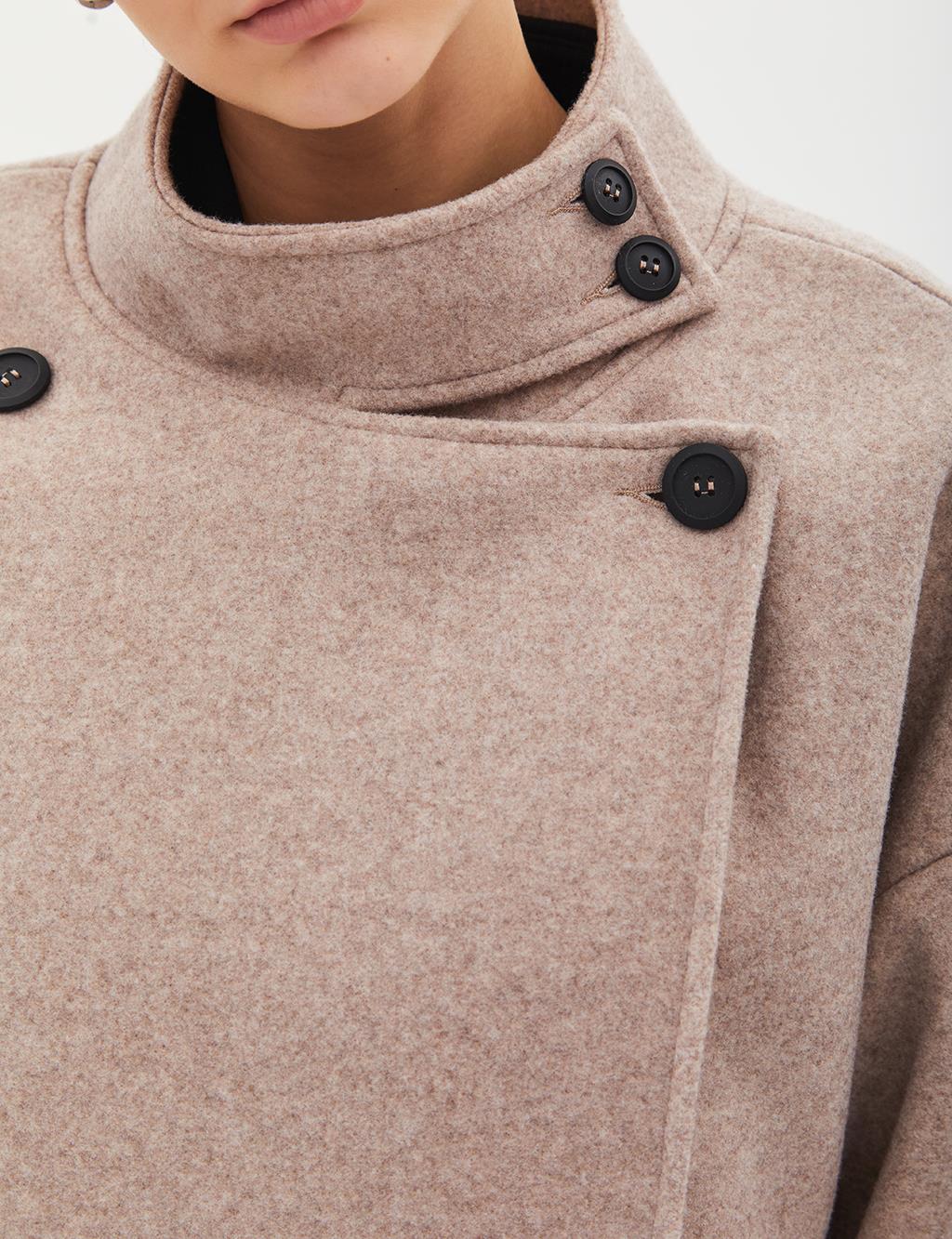 High Collar Buttoned Asymmetrical Coat Mink