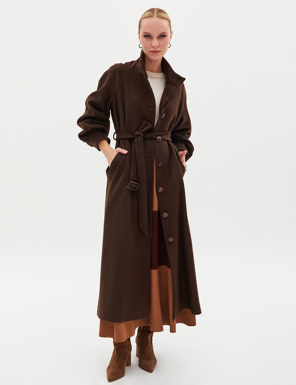 Large Buttoned Stand-Up Collar Coat Dark Brown