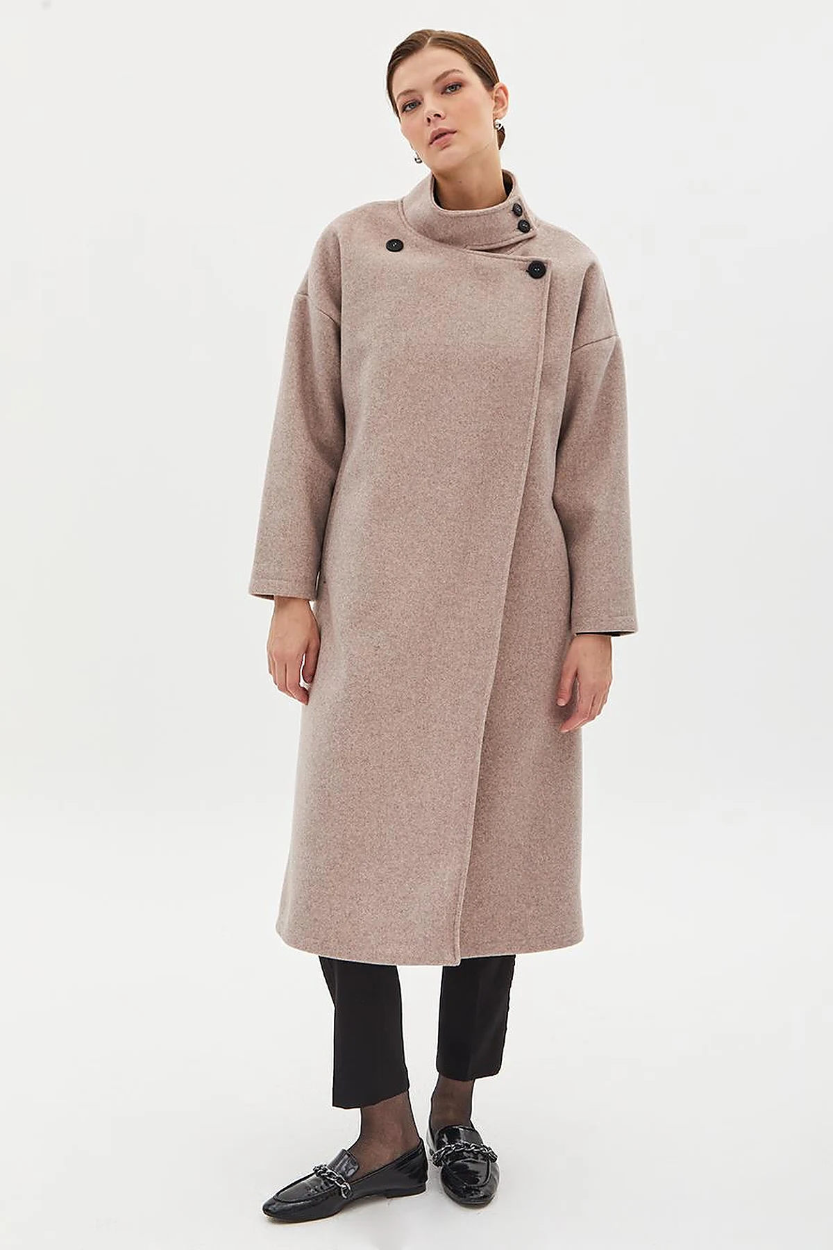 High Collar Buttoned Asymmetrical Coat Mink