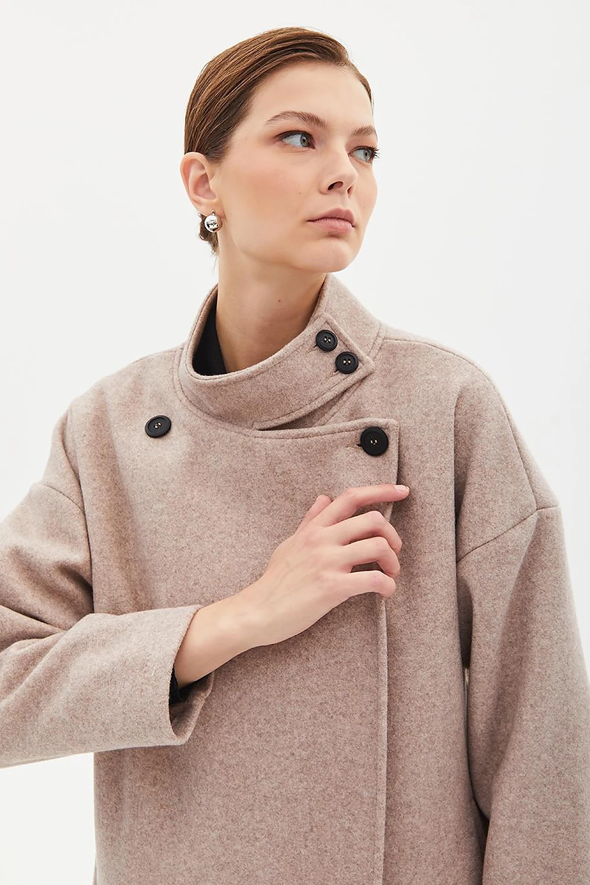 High Collar Buttoned Asymmetrical Coat Mink