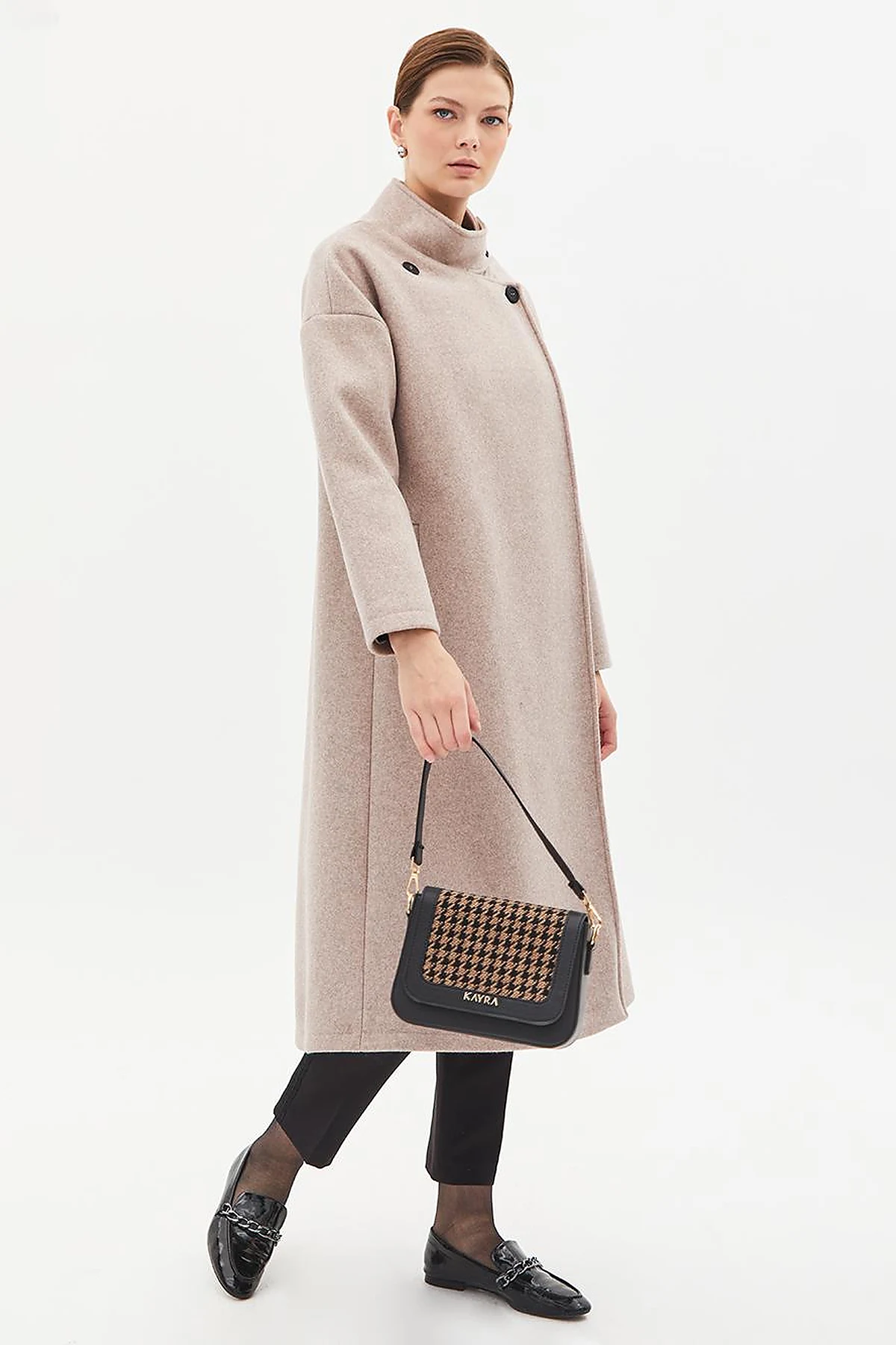 High Collar Buttoned Asymmetrical Coat Mink