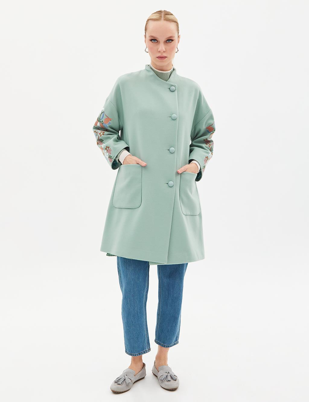 Buttoned Floral Embroidered Coat Ice Green