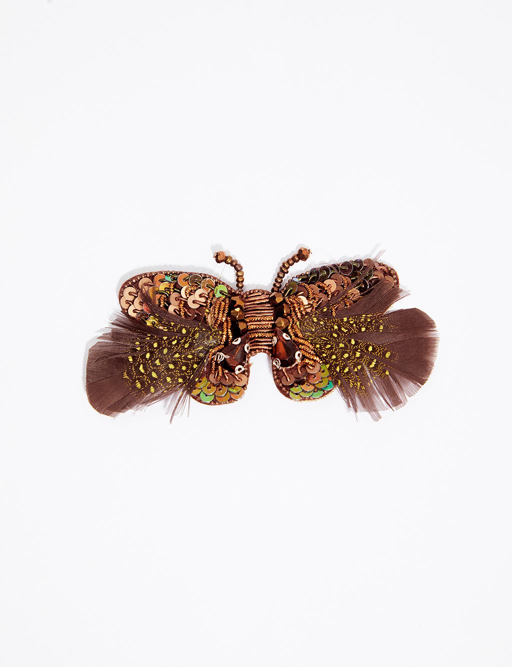Feather and Bead Embroidered Butterfly Figure Brooch Brown