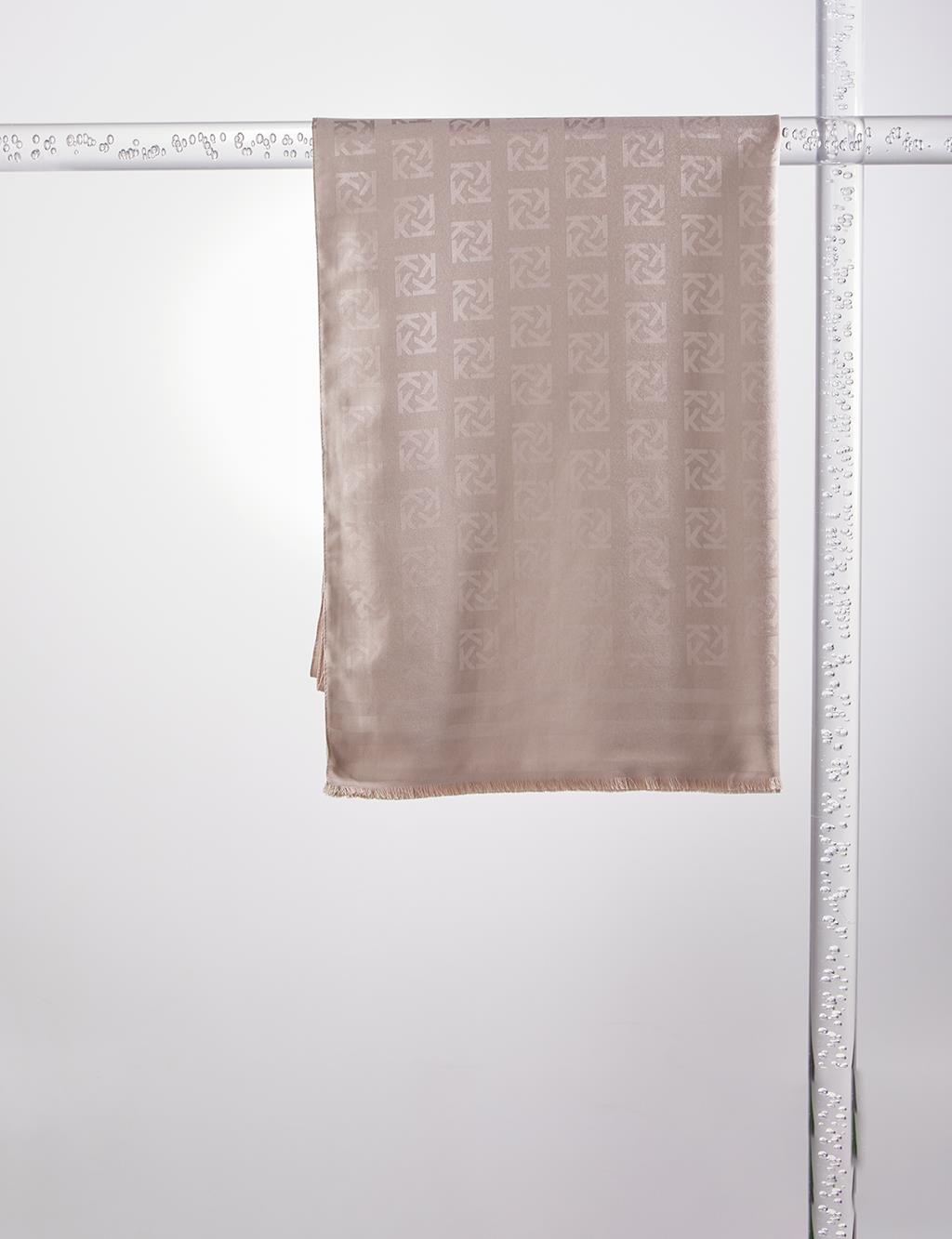 Silk Blend Jacquard Logo Patterned Shawl Beige