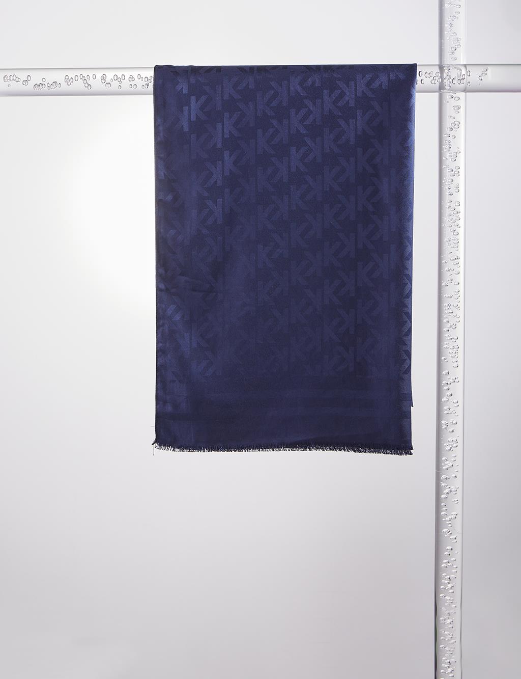 Silk Blend Jacquard Monogram Patterned Shawl Navy Blue