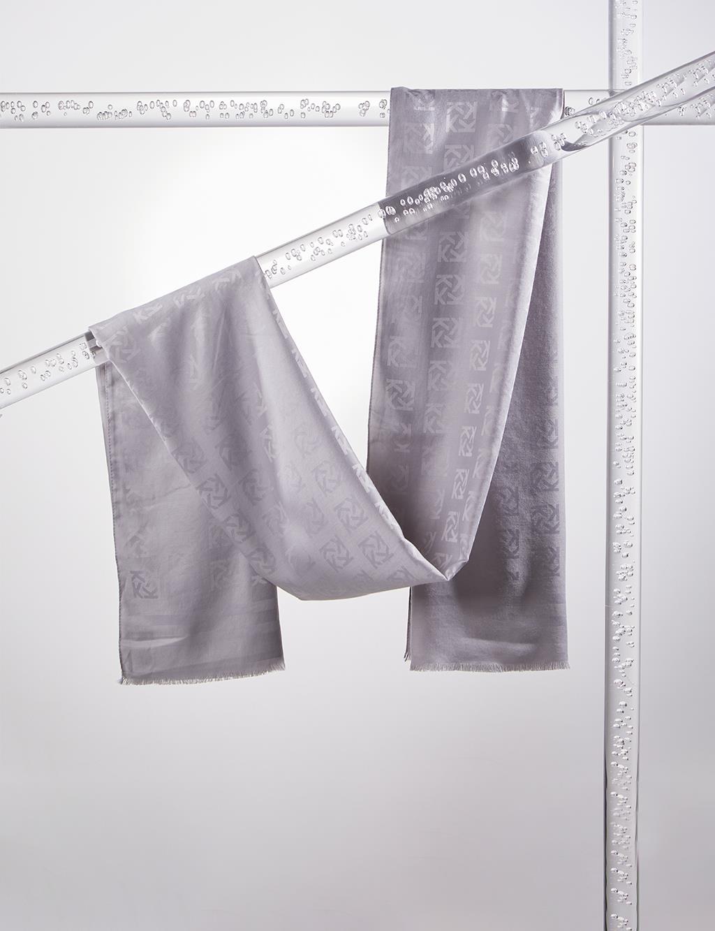 Silk Blend Jacquard Logo Patterned Shawl Gray