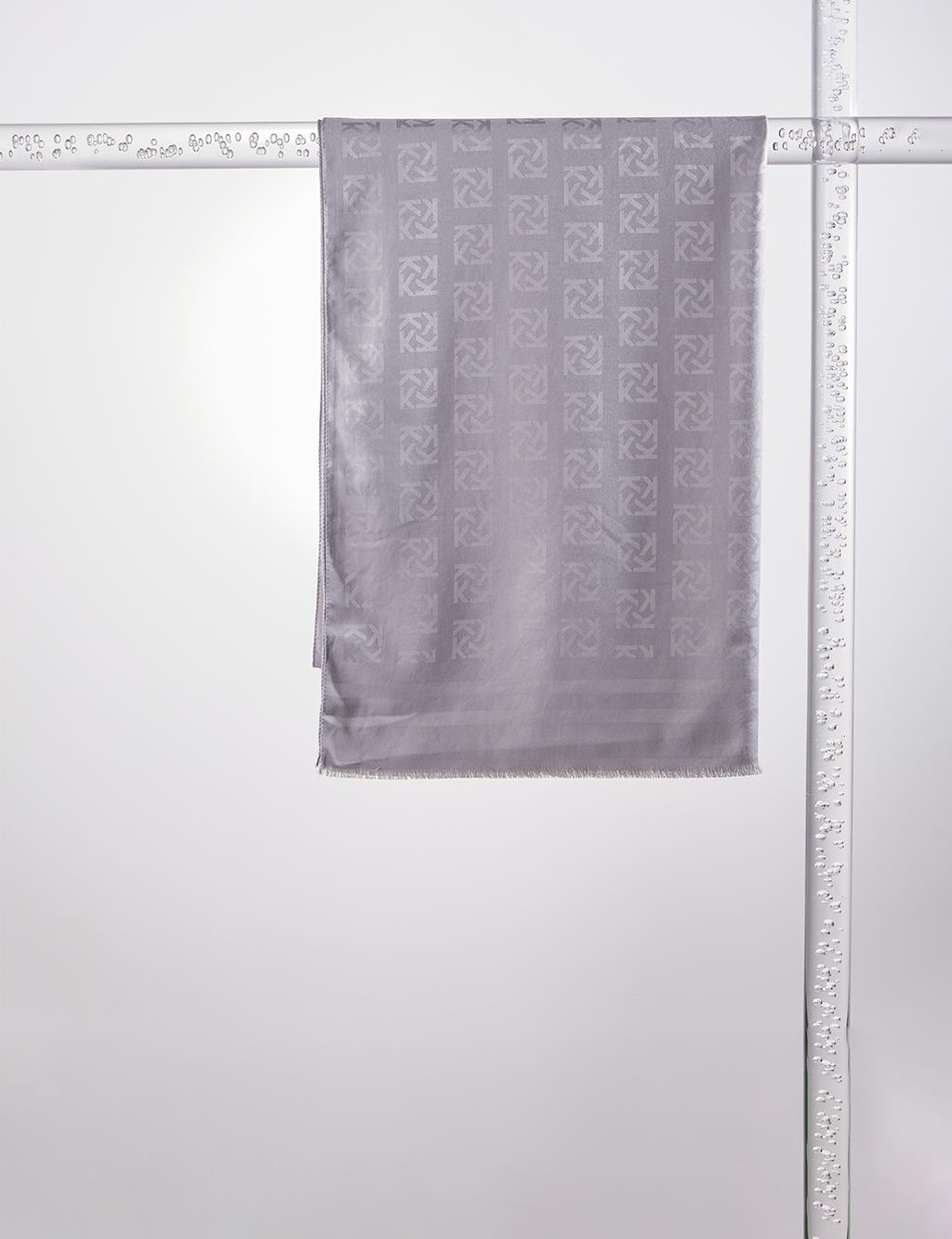 Silk Blend Jacquard Logo Patterned Shawl Gray
